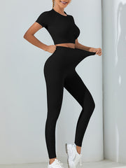 Solid Workout Set Crop Top & Leggings Women's Activewear