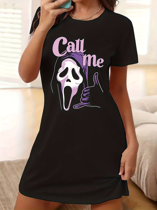  Funny Ghost & Slogan Print Short Sleeve Tee Dress