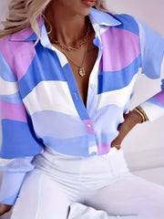  Stripe Print Lantern Sleeve Tie Front Top