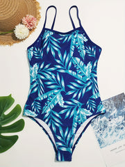 Leaf Print High Cut Swimsuit One Piece Bathing Suit Women's Swimwear