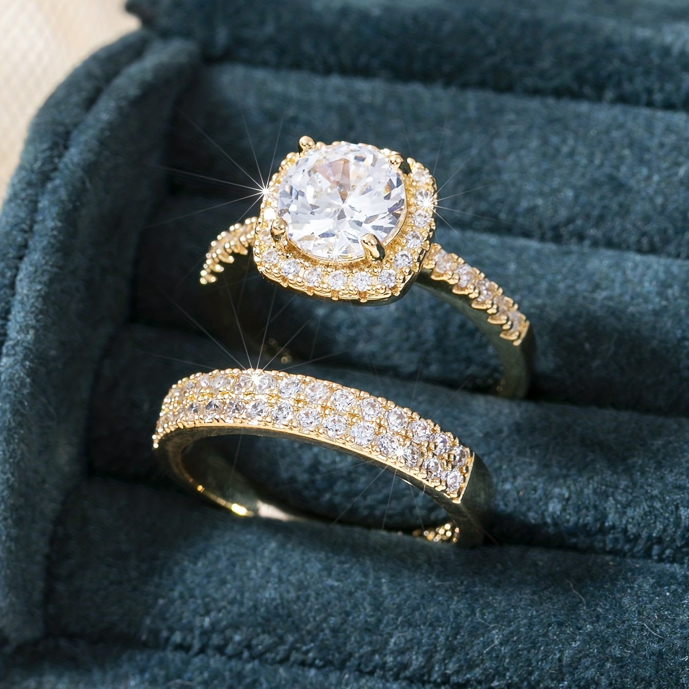 2pcs Shining Gemstone Promise Rings Silver Plated Dainty Jewelry
