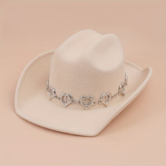 Silvery Oval Heart Stone Iron Chain Decor Cowboy Hat