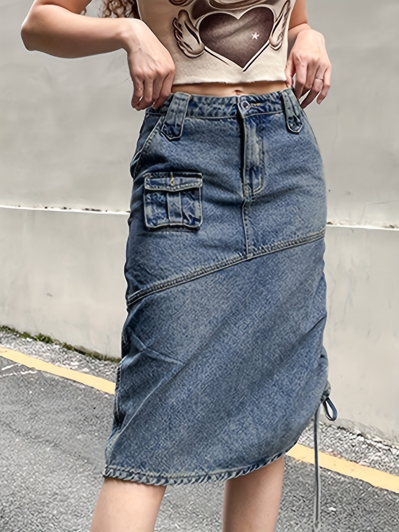 Cargo Denim Midi Skirt Y2K & Kpop Style Drawstring Denim Skirt