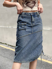 Cargo Denim Midi Skirt Y2K & Kpop Style Drawstring Denim Skirt