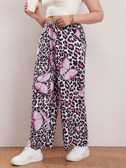  Leopard & Butterfly Print High Rise Wide Leg Trousers
