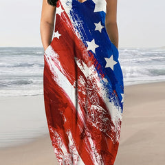  Flag Print V Neck Maxi Cami Dress With Pockets