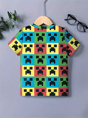 Colorful Monster Blocks Graphic Short Sleeve T shirt For Girls