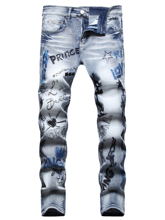 Men's Slim Fit Embroidery Denim Jeans Casual Streetwear Trousers