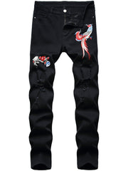 Slim Fit Embroidery Bird Ripped Jeans Men's Casual Medium Stretch Denim Pants