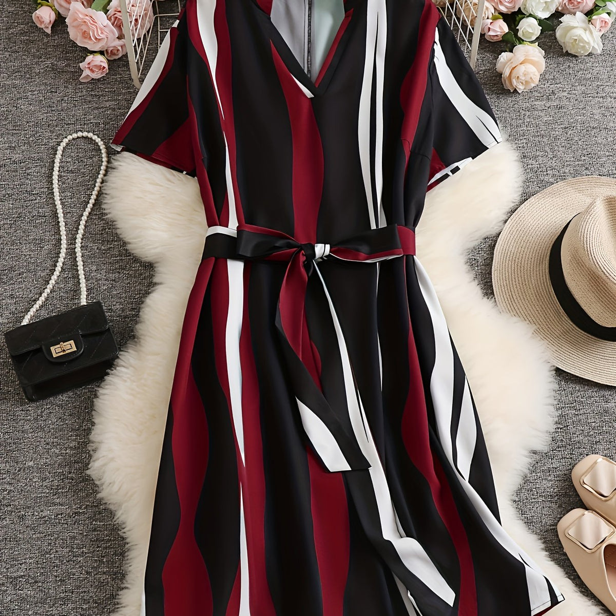 Plus Stripe Print Short Sleeve V Neck Knee Length Dress With Belt
