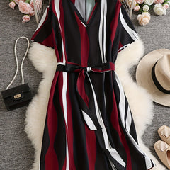 Plus Stripe Print Short Sleeve V Neck Knee Length Dress With Belt