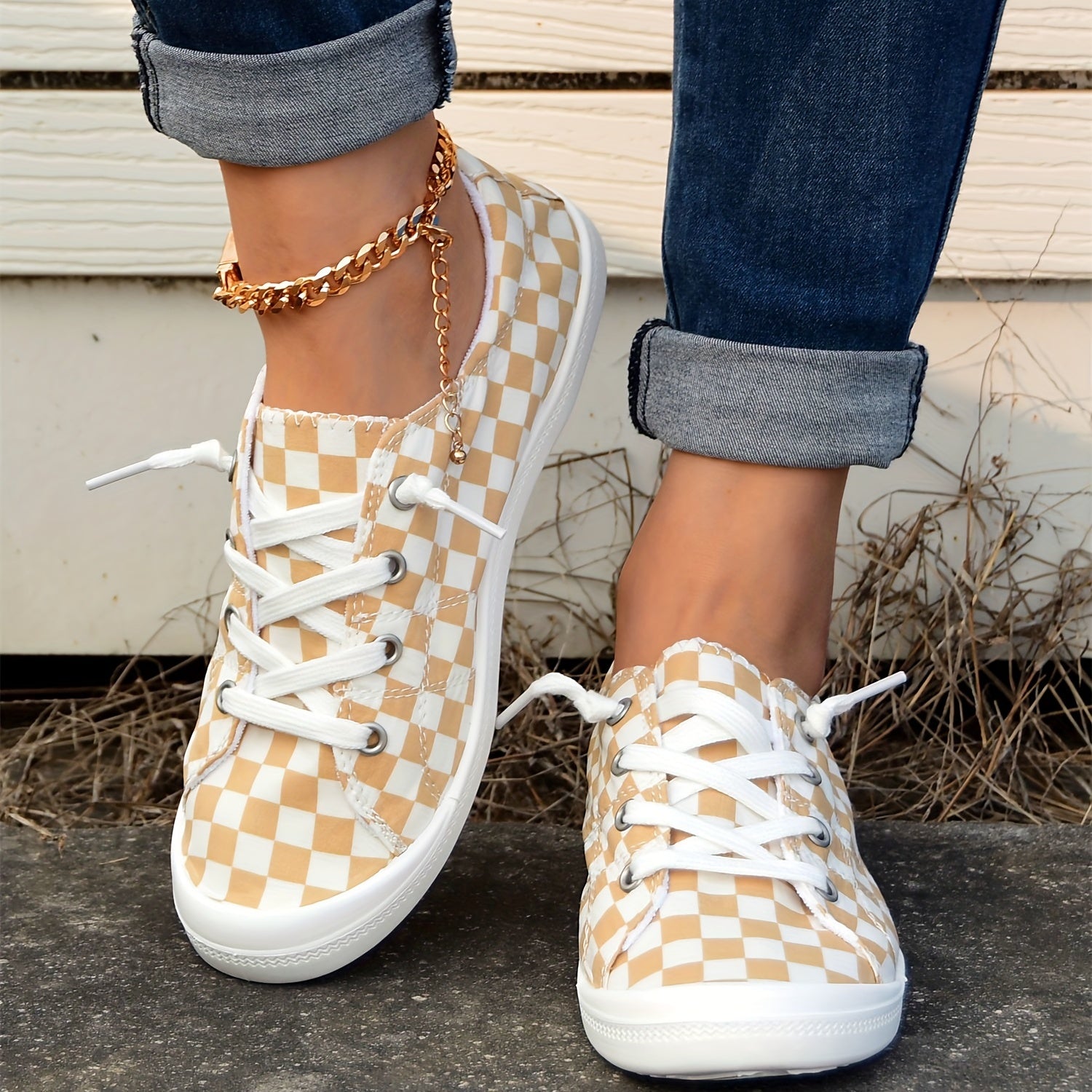 Women's Checkerboard Pattern Shoes Lace Up Comfy Canvas Shoes
