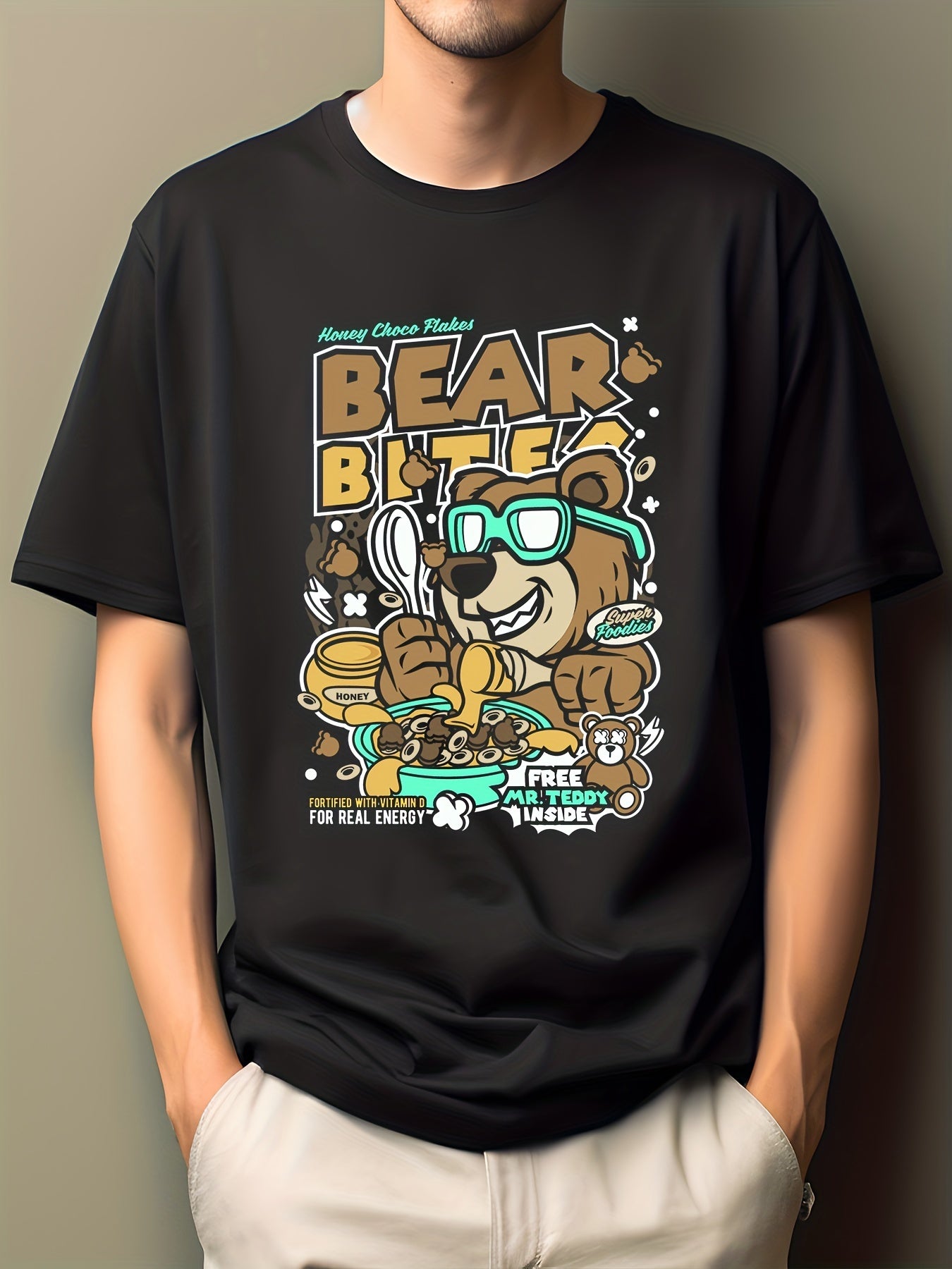 Men's Bear Print Hip Pop T-shirt Crew Neck Moisture Wicking Tee