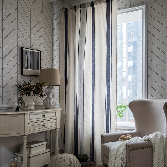 Stripe Navy Kitchen Curtain Half Blackout Cotton Linen Curtain