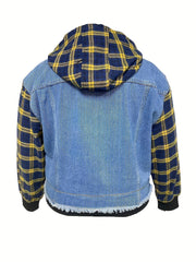  Colorblock Plaid Hooded Denim Jacket
