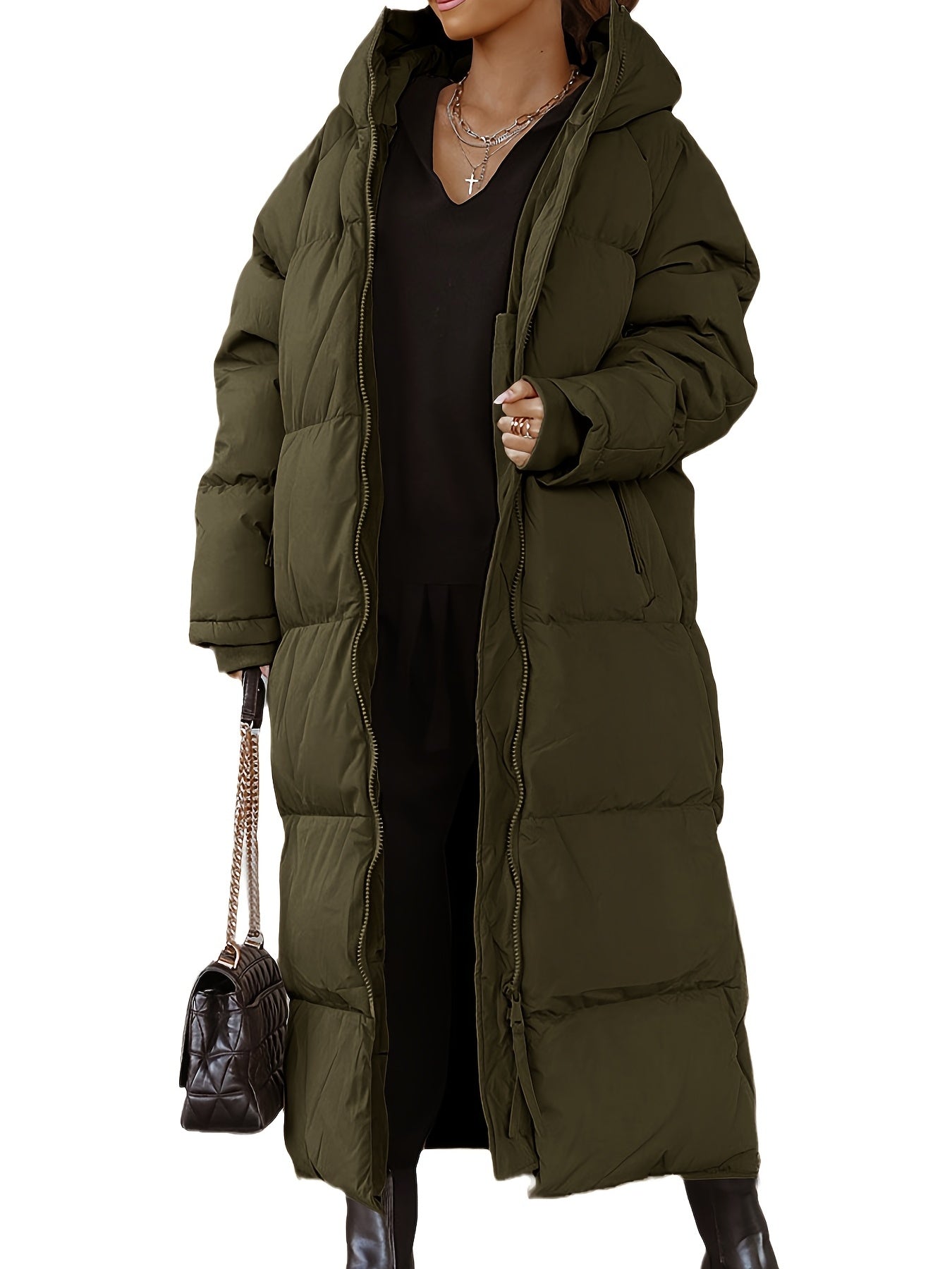 Long Length Down Perka Casual Hooded Zip Up Warm Outerwear