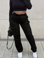 Flap Pockets High Waist Cargo Pants High Rise Straight Legs Denim Pants