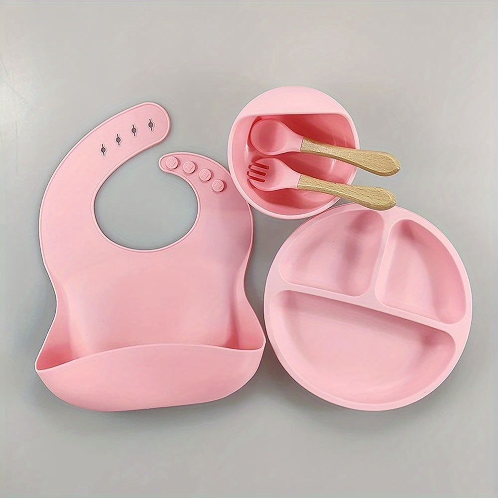Silicone Baby Tableware Set Non Slip Feeding Bowl Plates Spoons Straw Cup