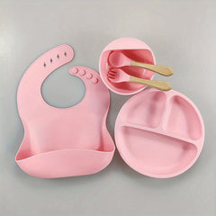 Silicone Baby Tableware Set Non Slip Feeding Bowl Plates Spoons Straw Cup