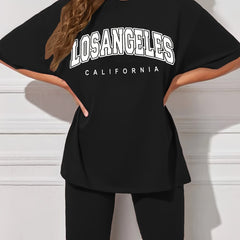 Letter Print T-shirt & Biker Shorts Set Women's Outfit