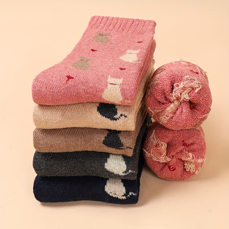 5 Pairs Cartoon Cat Print Socks For Women Cute & Cozy Mid Tube Stockings