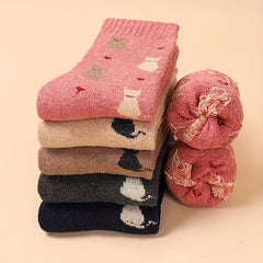 5 Pairs Cartoon Cat Print Socks For Women Cute & Cozy Mid Tube Stockings