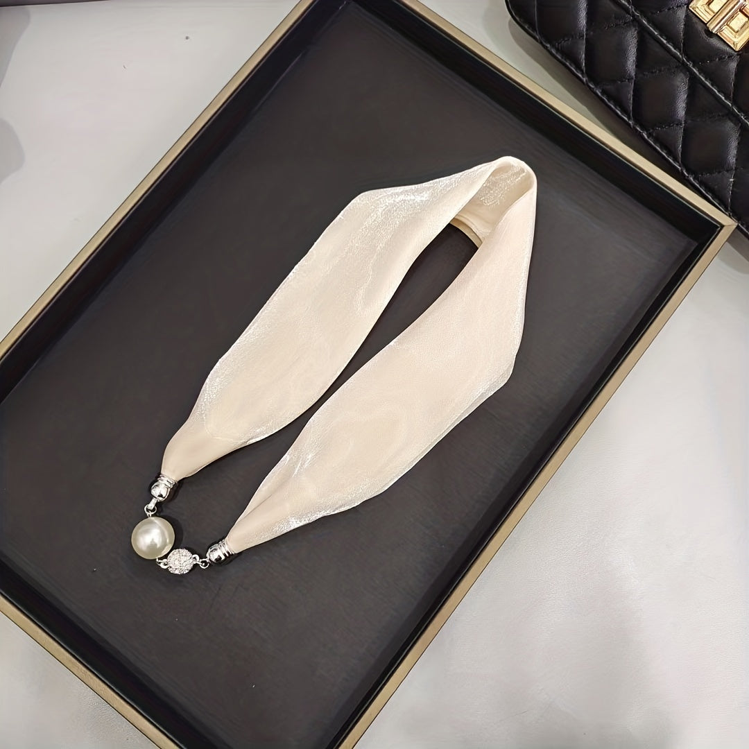 Magnetic Buckle Skinny Necklace Scarf Faux Pearl Decor Twilly Scarf