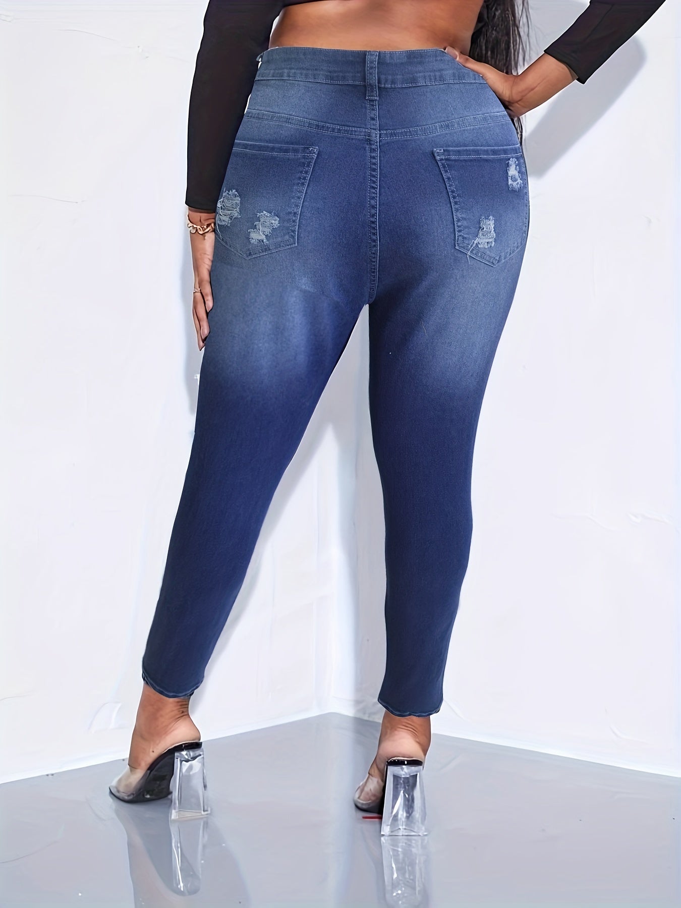  Colorblock Button Fly Ripped Fringe Trim Jeans