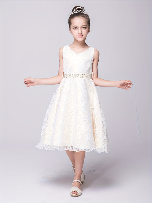 Girls Sleeveless V-neck Lace Flowers Rhinestone Princess Dress