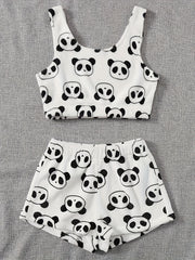  Panda Pattern Fluffy Crop Tank Top & Shorts Lounge Set