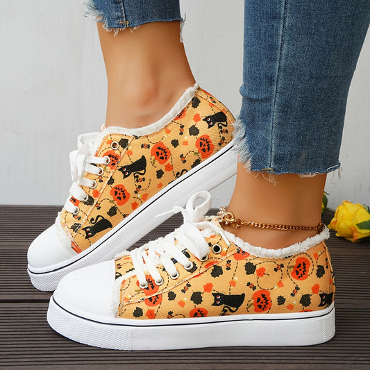 Women's Pumpkin & Cat Print Flats Halloween Lace Up Low Top Canvas Sneakers