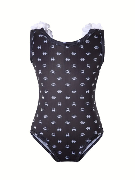 Girl's Heart Print Tankini Swimsuit with Flower Decoration