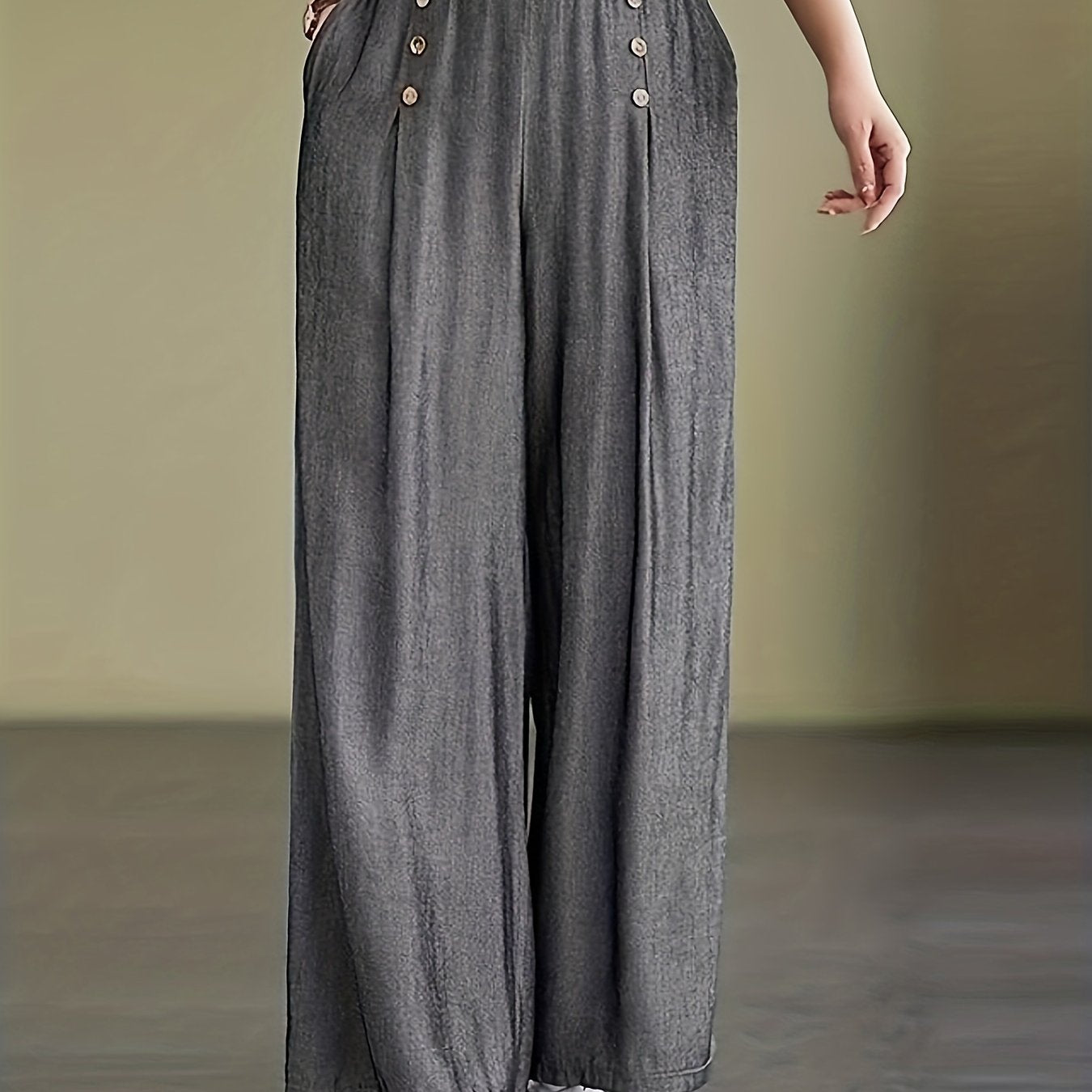  Solid Wide Leg Trousers Elastic High Rise with Pockets