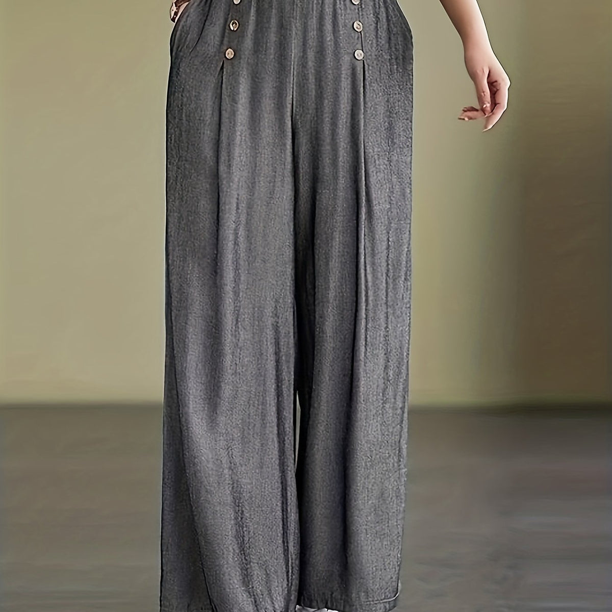  Solid Wide Leg Trousers Elastic High Rise with Pockets