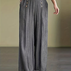  Solid Wide Leg Trousers Elastic High Rise with Pockets