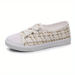 Women's Tweed Flat Sneakers Lace Up Casual Walking Shoes