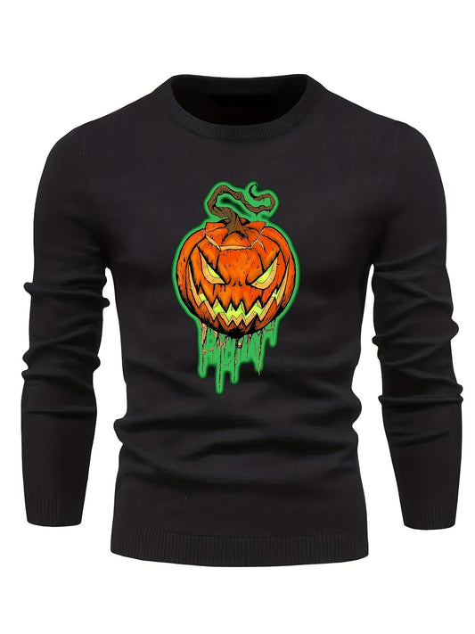 Jack O Lantern Slim Warm Sweater Men's Retro Style Crew Neck Pullover