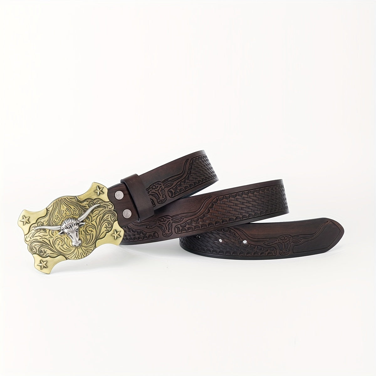 Long Horn Leather Belt Plaid Cattle Pattern Western Vintage
