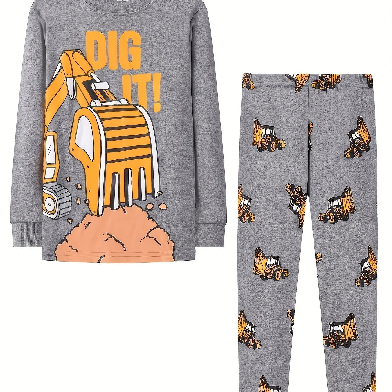 Kid's Excavator Pattern Pajama Set Long Sleeve Top & Pants