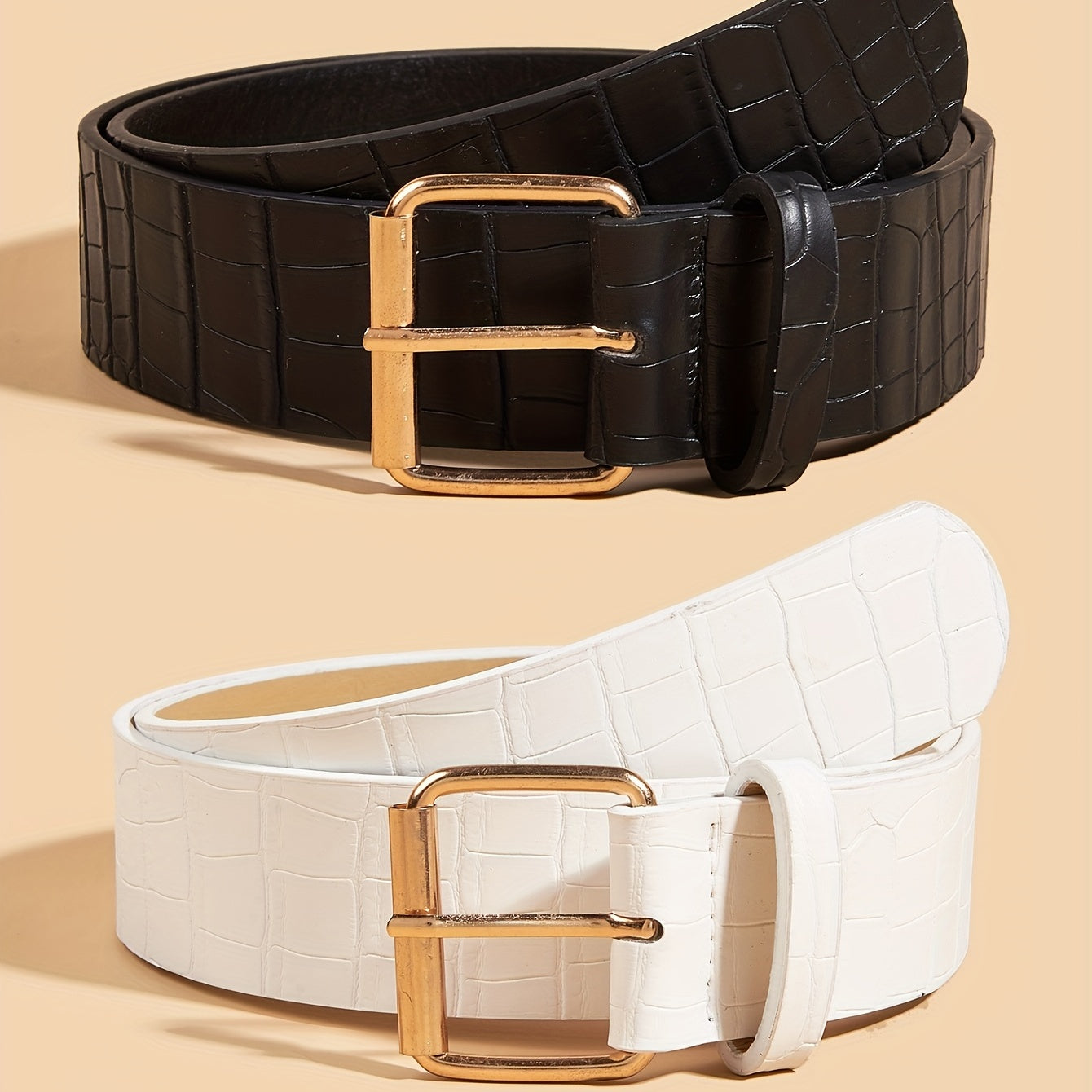 2pcs Square Pin Buckle & Stone Pattern Belt Set Casual Jeans Pant Belt