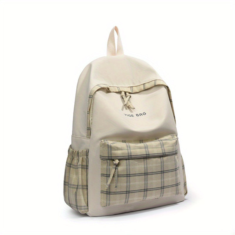 Khaki Plaid Pattern Backpack College Large Capacity School Bag