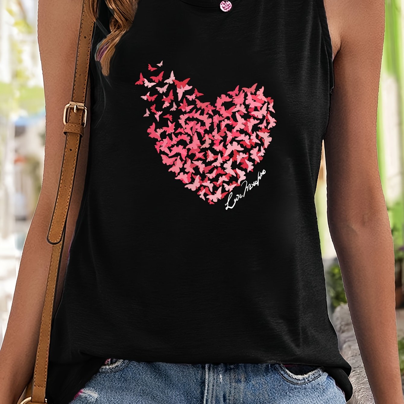 Butterfly & Heart Pattern Stretchy Sports Vest Round Neck Sleeveless Casual Top