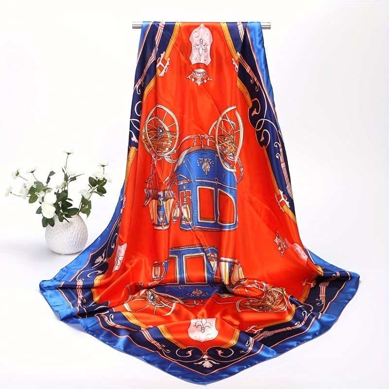 Vintage Carriage Print Square Scarf Satin Shawl for Women