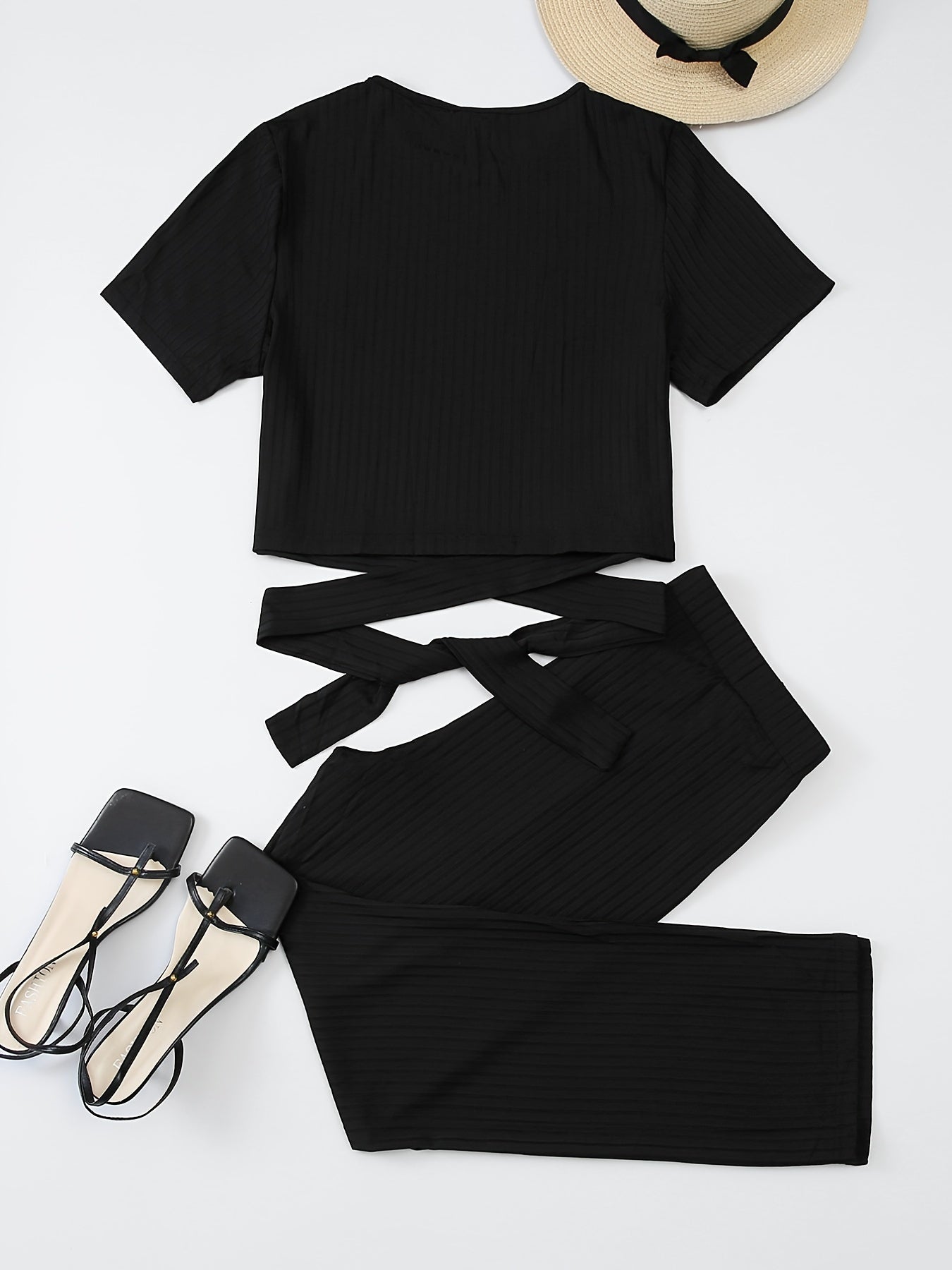  Ribbed Knot Front T-shirt & Pants Set Women's Plus Medium Stretch