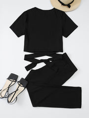  Ribbed Knot Front T-shirt & Pants Set Women's Plus Medium Stretch