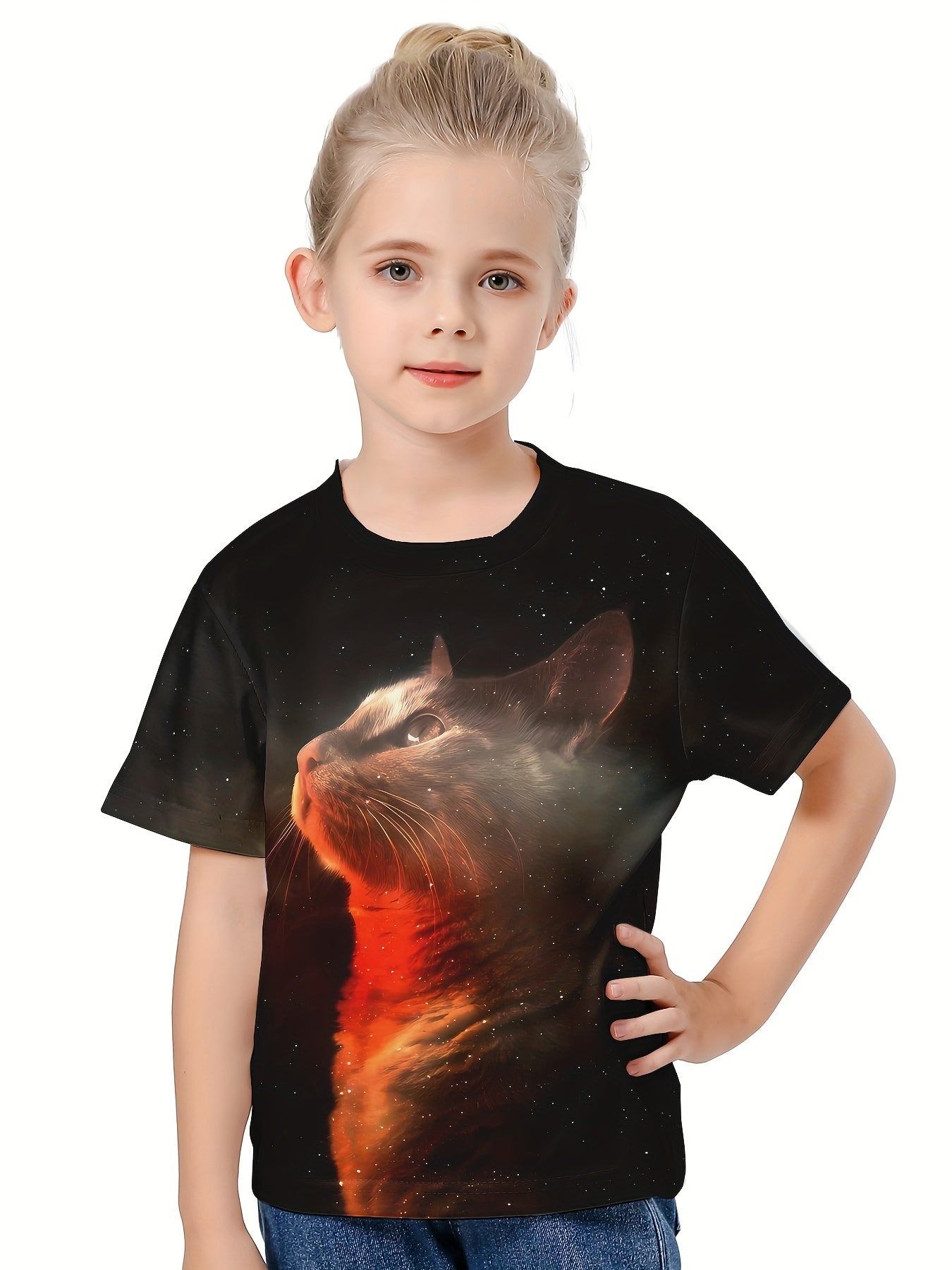 3D Cat Graphic Crew Neck Short Sleeve T shirt for Girls