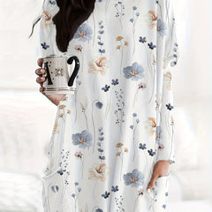  Floral Print Long Sleeve Mini Dress With Pockets