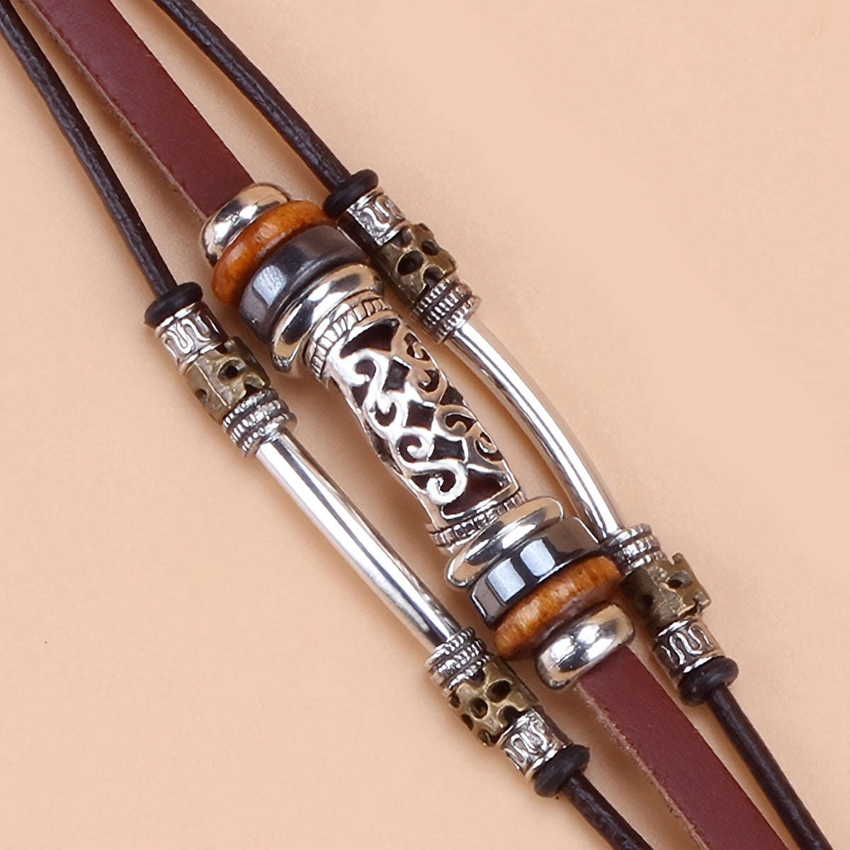Men's Ethnic Style Hollow Elbow Beaded Leather Bracelet