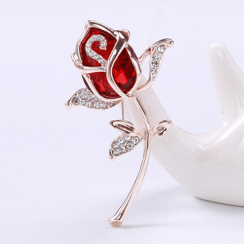 Elegant Rose Flower Crystal Brooch Pin for Women