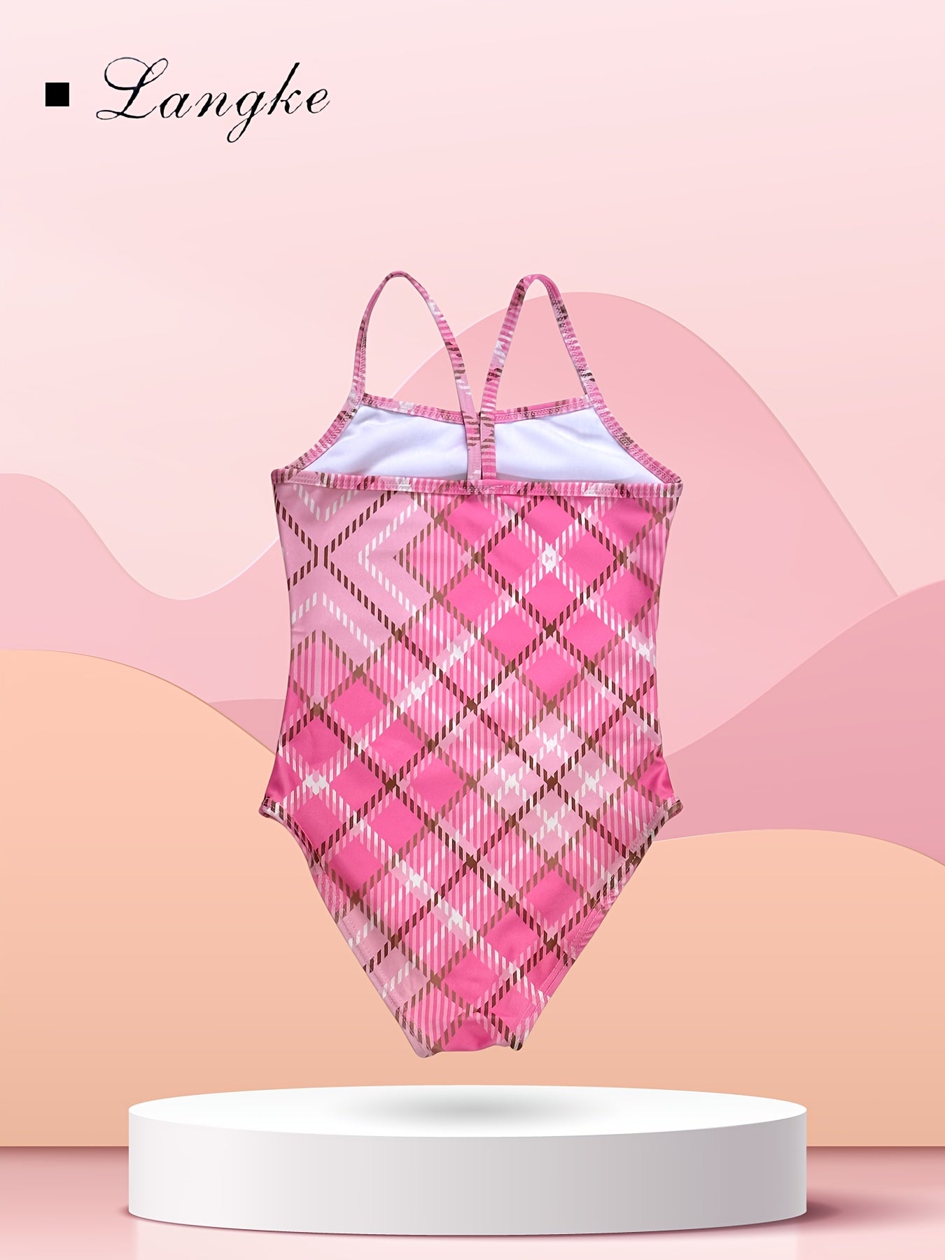 Girl's Plaid One piece Swimsuit & Cap Set Preppy Style Tankini Kids Clothes